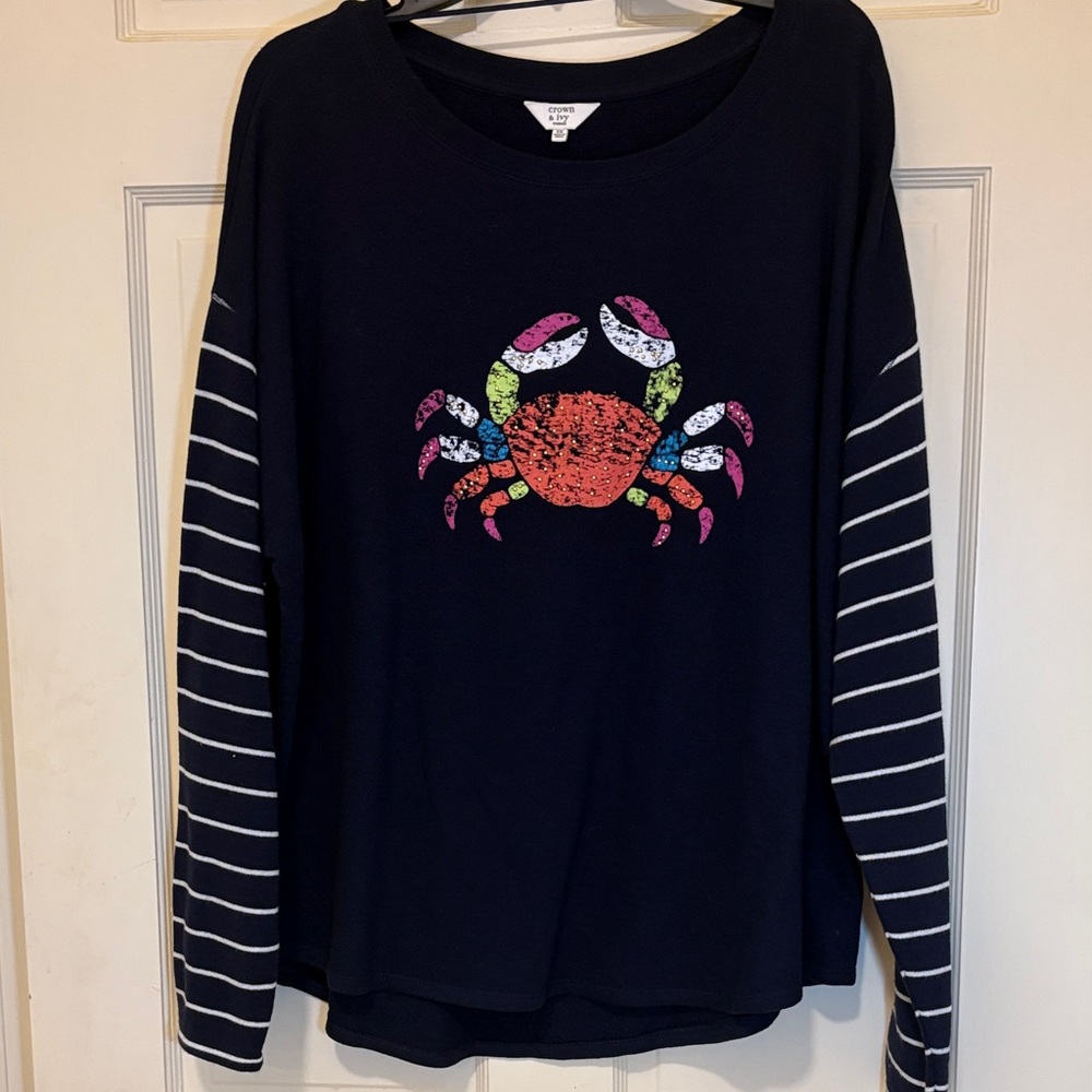 Crown & Ivy Navy Sweater with Colorful Crab and Striped Sleeves - Picture 2 of 9
